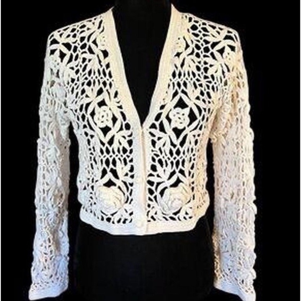 Vtg 90s Contempo White Cropped Crochet Cardigan Sweater Coquette Cottagecore M - Picture 2 of 5